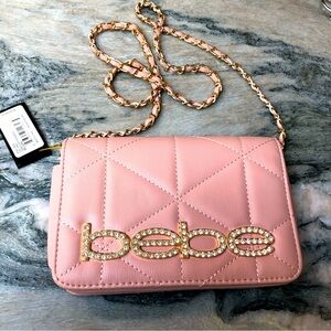 NWT Bebe Zaza flap crossbody in blush gold woven chain smaller 8 x 5.5